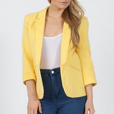 Yellow Fitted Blazer 3/4 Length Turn Up Sleeves Fully Lined Great Blazer For Spring! New With Tags Approximate Length: 69cm Fabric Content Fabric: 70% Viscose 26% Polyester 4% Elastane Lining: 100% Polyester Label Will Say Numerical Size= Size 2=Xs Size 4= S Size 6=M Size 8= L Size 12=Xl Trendy 3/4 Sleeve Spring Outerwear, Trendy Spring Outerwear With 3/4 Sleeves, 3/4 Sleeve Blazer For Office In Spring, Fitted 3/4 Length Spring Outerwear, Fitted 3/4 Length Outerwear For Spring, Fitted Spring Outerwear With 3/4 Length, Olive Green Blazer, Off White Blazer, Spring Blazer