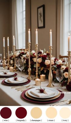 the table is set with candles, plates and place settings for an elegant dinner party