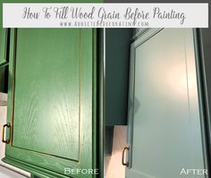 before and after shot of green painted kitchen cabinets with gold hardware on the bottom, from left to right