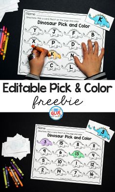 the printable dinosaur pick and color worksheet is shown with crayons