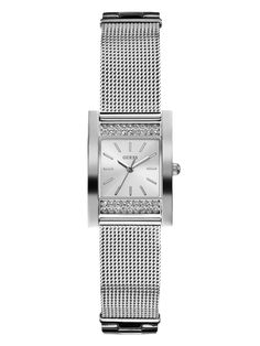 This silver-tone watch features a rectangular dial and rhinestone embellishments with a mesh band. Guess Women Watches, Silver Watches Women, Rhinestone Watches, Stainless Steal, Metal Bracelet, Rhinestone Embellishments, Analog Watch, Leather Watch Bands, Girls Jewelry