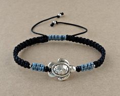 Turtle Bracelet, Silver Antique Turtle, Macrame Bracelet, Animal Jewelry, Adjustable The Bracelets are made with Metal Silver Tone Turtle, Blue and Black Faceted Glass Beads, Silver Tone Beads, Black Satin Cord and Grey Satin Cord ❥ It is perfect for any occasion. It is also great as a gift to a friend or someone you love. SIZES: ---------- Silver Antique Turtle: 14 x 18 mm Glass Beads: 3 mm Silver Tone Beads: 3 mm Synthetic Satin Cord: 1 mm Adjustable size in length with a sliding macrame knot. Diy Friendship Bracelets Tutorial, Braided Bracelet Diy, Macrame Bracelet Patterns, Turtle Gifts, Turtle Bracelet, Bracelets Handmade Diy, Diy Friendship Bracelets Patterns, Diy Bracelets Easy, Diy Bracelet Designs