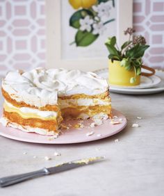 a piece of cake sitting on top of a pink plate next to a potted plant