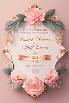 wedding card with pink flowers and gold foil on the front, in an ornate frame