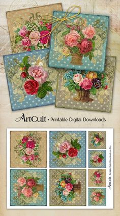 four different images of flowers and the words artcutt printable digital downloads