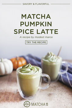 matcha pumpkin spice latte recipe on a wooden table