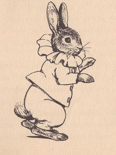 a black and white drawing of a rabbit holding a flower