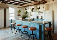 a kitchen with blue cabinets and wooden stools