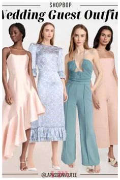 three women in dresses and sandals standing next to each other with the caption shopbop wedding guest outfit