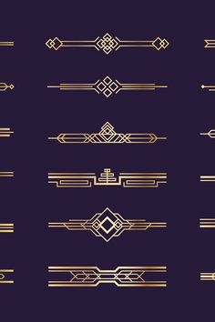 a set of art deco style dividers and lines in gold on a dark background