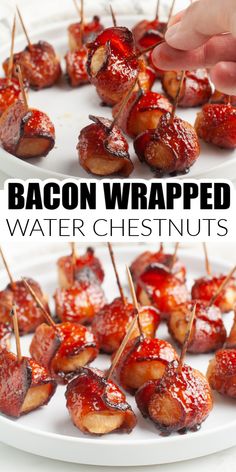 bacon wrapped water chestnuts with toothpicks on a white plate and in the background