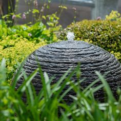 a water fountain surrounded by plants and flowers