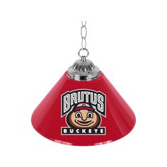 a red hanging light with the words brutus buckeye on it's face