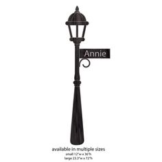 an old fashioned street lamp with the name annie on it