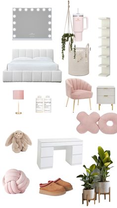 a collage of pink and white furniture, including a bed, chair, desk, mirror, potted plant and other items