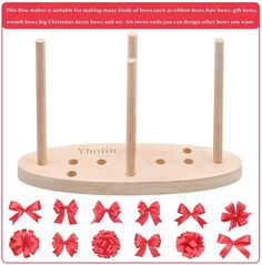 a wooden stand with red bows on it and the instructions for how to make them