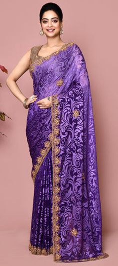 Purple and Violet color Saree in Brasso fabric with Bugle Beads, Stone, Thread work Purple Embroidered Fabric With Zari Work For Reception, Purple Embroidered Saree Fabric For Reception, Purple Embroidered Saree For Wedding, Embroidered Purple Saree For Wedding, Purple Embroidered Wedding Fabric With Dupatta, Purple Zari Embroidered Fabric For Wedding, Purple Embroidered Dupatta For Weddings, Purple Brocade Saree For Wedding, Purple Embellished Wedding Saree