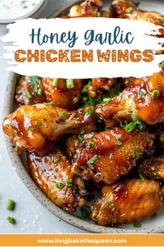 honey garlic chicken wings in a white bowl