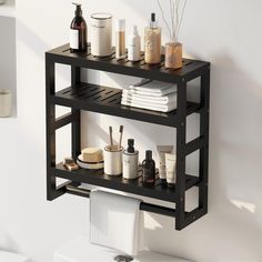 a bathroom shelf that has some toiletries on it