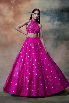 Shop for Vvani by Vani Vats Pink Raw Silk Embroidered Lehenga Set for Women Online at Aza Fashions Fuschia Lehenga, Skirt With Blouse, Hot Pink Crop Top, Vani Vats, Choli Design, Dot Embroidery, Pakistani Traditional, Lehnga Dress, Pinterest Wedding