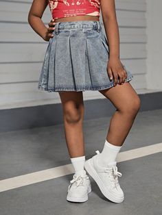 Y2K Trendy High-Waisted Retro Washed Pleated Denim Jeans Skirt For Tween Girls Summer Clothes Outfits Light Wash Casual   Denim Plain Pleated Non-Stretch  Tween Girls Clothing, size features are:Bust: ,Length: ,Sleeve Length: Emily Outfits, Girls Denim Skirts, Girl Y2k, Pleated Denim, Summer School Outfits, Summer Fashion For Teens, Denim Skirt Outfits, Skirts For Kids, Denim Jean Skirt