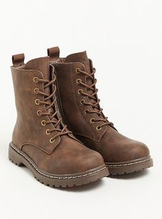 FIT Extra wide width (WW). Extra cushioned footbed; rubber sole. 1” heel height. MATERIALS + CARE Faux suede. 90% plastic, 10% metal. Imported. DETAILS Fur-lined. Lace up. . Heel pull tab. The best plus size women's stevie lace-up combat boot (ww) boots in brown. Rock your look from Torrid to Festivals like Coachella and Lollapalooza, a concert, a show, or just for fun! Torrid is your destination for the freshest spring and summer styles. Chunky Combat Boots, Brown Combat Boots, Lace Up Combat Boots, Faux Leather Boots, Unique Fits, Wide Width Shoes, Combat Boot, Moto Boots, Brown Boots