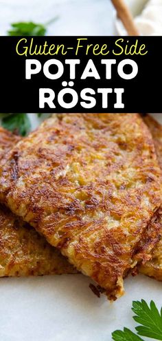 two pieces of fried potato rosti sitting on top of a white plate with parsley