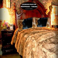 there is a bed with fur on it and the words luxurious faux fur bedspread - throws click here