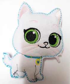 a white cat with green eyes on it's head and tail is shown in front of a white background