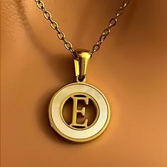 Letter E Necklace Made With Shell And 18k Gold Over Stainless Steel. *17” 18k Gold Plated Stainless Steel Necklace *17x15mm Pendant E Initial Necklace, O Letter Necklace, Letter E Necklace, Yellow Gold Large Initial Pendant Jewelry, Gorjana Necklace, Alphabet Gold Pendant, Large Locket, Silver Bar Necklace, Long Silver Necklace