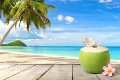 a green coconut drink sitting on top of a wooden table next to an ocean and palm tree