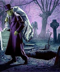 a painting of a man in a purple coat and top hat walking through a cemetery