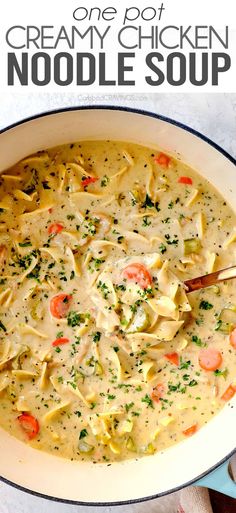 creamy chicken noodle soup in a white bowl