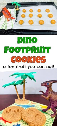 dinosaur footprints and cookies on a table with text overlay