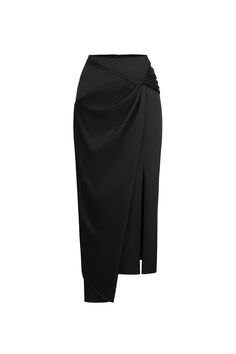 Indulge in luxury with our skirt. Exquisitely crafted with delicate silk, this skirt features a unique twisted design for a touch of artistic flair. Its asymmetric hem adds a modern edge to this timeless piece, making it a must-have for any sophisticated wardrobe. Chic Evening Skirt With Ruched Details, Elegant Ruched Skirt For Night Out, Chic Ruched Evening Skirt, Chic Evening Ruched Skirt, Elegant Evening Skirt With Asymmetrical Hem, Fitted Draped Bottoms For Evening, Silk Asymmetrical Skirt For Formal Occasions, Asymmetrical Pleated Draped Skirt For Party, Black Asymmetrical Pleated Dress