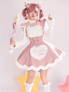 ❤︎Sweet girly ribbon top + love suspender skirt❤︎ Cute Pink Sleeveless Suspender Dress, Cute Ruffled Suspender Dress For Party, Cute Ruffled Skirt, Sweet Party Skirt, Suspender Skirt, Maid Dress, Pink Skirt, Skirt Outfits, Cute Cat