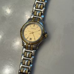 Two Tone Vintage Gucci Watch. Crack On Crystal , Needs Battery. Works Fine Vintage Gucci Watch, Gucci Vintage, Gucci Watch, Gucci Accessories, Vintage Watches, Vintage Gucci, Tom Ford, Accessories Watches, Silver Gold