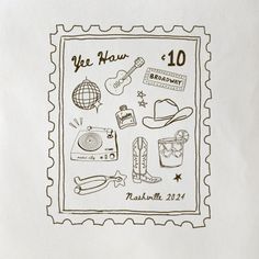 a postage stamp with the words ye haw broadway and various items drawn on it