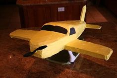 a cake shaped like an airplane sitting on top of a counter