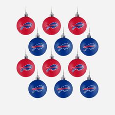 Buffalo Bills 12 Pack Ball Ornament Set Foco - FOCO.com Christmas Orderments, Plastic Ball, Nfl Teams Logos, Logo Display, Self Service, Buffalo Bills, Deck The Halls, Ball Ornaments, Christmas Balls