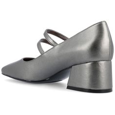 The Nally heels from Journee Collection offer a perfect blend of style and comfort with their 2-inch block heel, ensuring a chic lift. The ankle strap with a buckle closure provides a secure fit, complementing the contemporary square toe design. Crafted from faux leather for both the upper material and lining, and featuring a 4 mm Tru Comfort Foam™ footbed, these heels prioritize both fashion and comfort, making them a stylish and practical choice with a modern edge. Metallic Heels With Stacked Heel, Silver Low Heel Medium Width Heels, Modern Metallic Block Heel Shoes, Metallic High Heels With Stacked Heel, Metallic Heels With Sculpted Block Heel, Metallic Low Heel Formal Shoes, Metallic Low Heel Formal Heels, Formal Metallic Low Heel Shoes, Silver High Block Heels With Stacked Heel