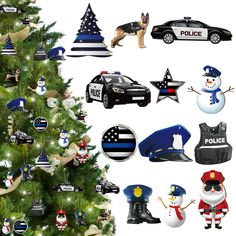 a christmas tree decorated with police and snowmen