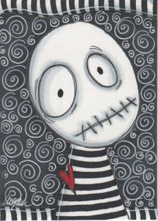 a drawing of a skeleton wearing a striped shirt and holding a red heart in its mouth