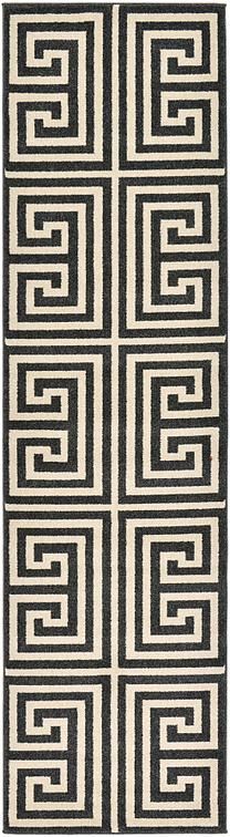 a black and white area rug with squares on it's sides, in the shape of rectangles