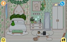 a cartoon bedroom with green walls and white furniture, including a teddy bear sitting on the floor