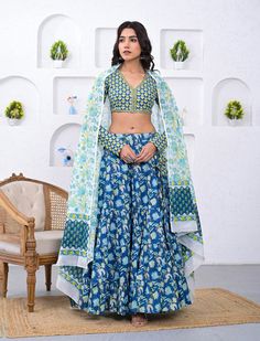 This hand block printed ethnic wear lehenga set is presented to Handblock Prints, A well-known brand in hand block prints from over 9 decades. This exclusively hand stitched lehenga set is made of 100% pure cotton fabric with having hand block printed prints over it. The kurta set is best suitable for you to showcase your womenhood. Wear this at your ease and the fabric is so smooth to skin that you will love it and the attractive prints adds more charm to the same. Material : 100% Cotton Top Le Block Print Lehenga, Lehenga With Dupatta, Print Lehenga, Printed Lehenga, Stitched Lehenga, Kurta Set, Cotton Top, Ethnic Wear, Indian Bride