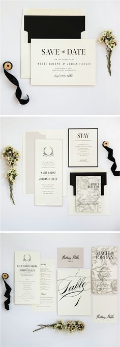 the wedding stationery is laid out on top of each other