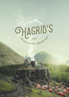 a poster with the words hagrid's hut and pumpkins on it