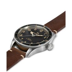 Handsome aviation-inspired automatic watch for stylish Instagrammers. Jet-black dial and brown leather strap complement any outfit while reliable automatic movement requires no batteries. 100M water resistant for daily adventures. Brown Leather Strap Watch, Mens Khakis, Brown Leather Strap, Automatic Watch, Time Piece, Brown Leather, Water Resistant, Leather Straps, Mens Outfits