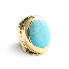 18k over brass, size 7, Authentic Turquoise Adjustable Gold Oval Turquoise Ring, Adjustable Gold Turquoise Ring With Oval Shape, Gold Turquoise Ring With Large Stone As Gift, Lavender Blue, Genuine Turquoise, Turquoise Ring, Rings Statement, Gold Filled, Statement Rings